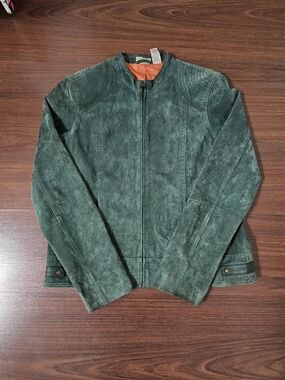 Ruff Hewn Green Suede Zip-Front Jacket with Orange Lining